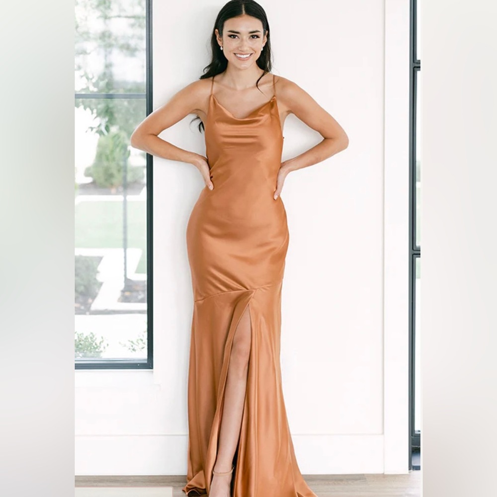 Revelry Kimora Satin Gold Champagne Bridesmaid Dress Sz 14